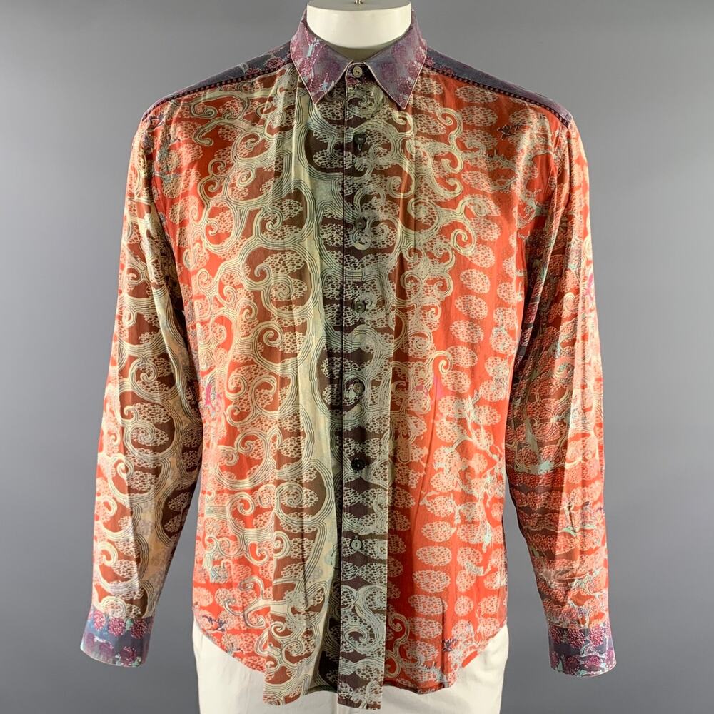 ROBERT GRAHAM Size XL Orange Abstract Cotton Long Sleeve Shirt